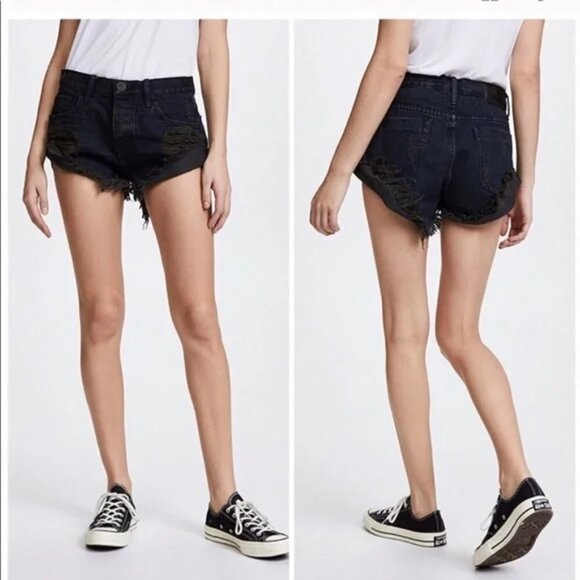 ONE TEASPOON Black Distressed Button Fly Shorts - Picture 1 of 5